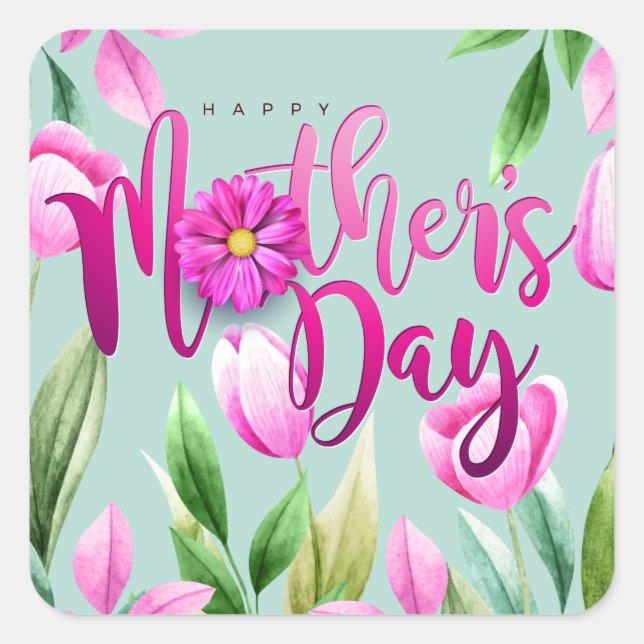 Happy mother's day pink tulips banner square sticker (Front)