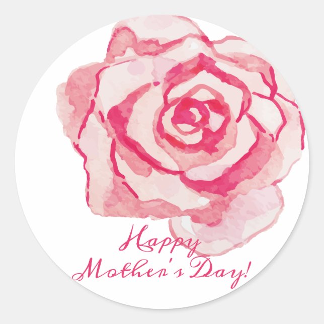 Happy Mother's Day! | Pink Watercolor Rose Classic Round Sticker (Front)