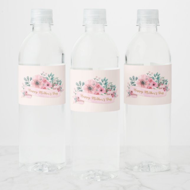 Happy Mother's Day Pink Watercolour Floral  Water Bottle Label (Bottles)