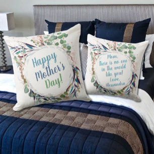 Happy Mother's Day Pretty Leaves On White Cushion
