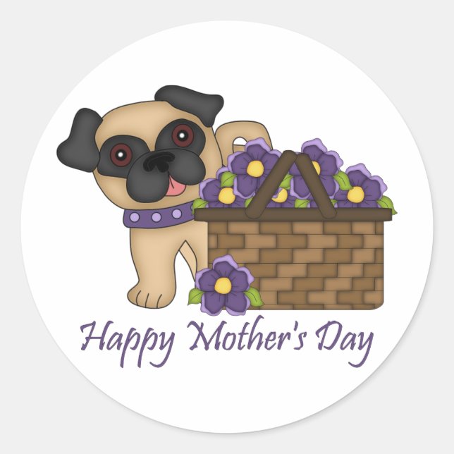 Happy Mother's Day Purple Flower Basket Pug Classic Round Sticker (Front)