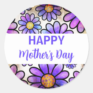Happy Mother's Day Purple Pink Flowers Classic Round Sticker