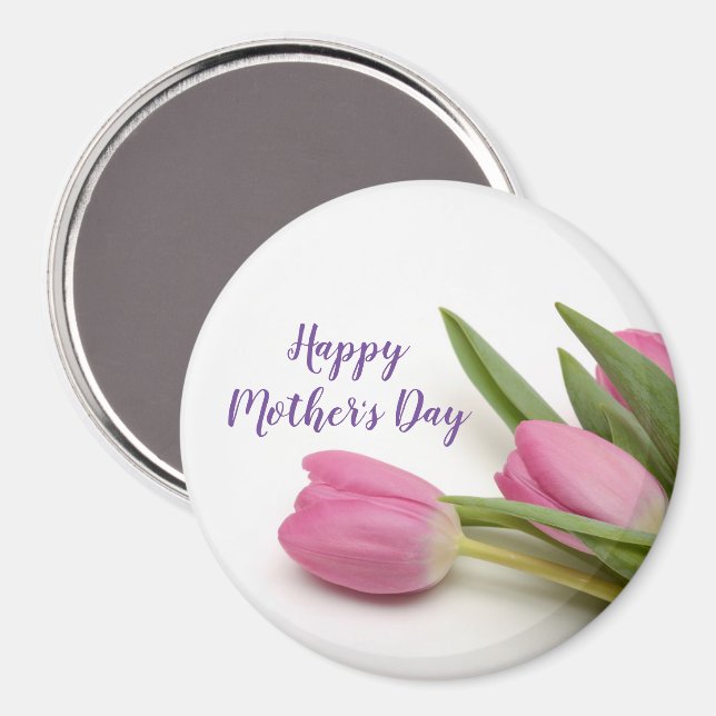 Happy Mother's Day Purple Script Pink Tulips Magnet (Front/Back)