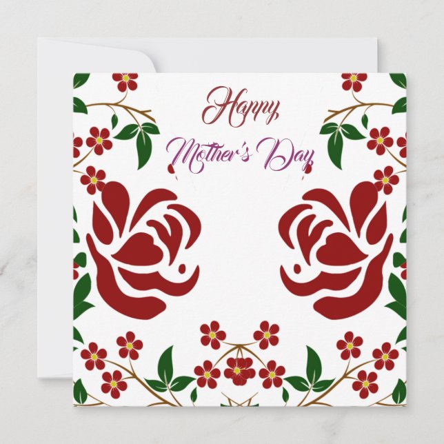 Happy Mothers Day Red Rose Floral Green Foliage Holiday Card (Front)
