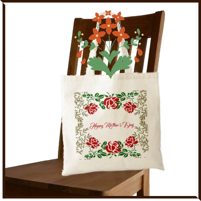 Happy Mothers Day Red Rose Floral Greenery Cute Tote Bag (Creator Uploaded)