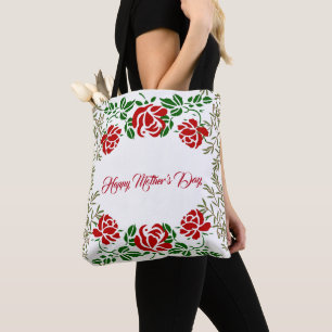 Happy Mothers Day Red Rose Floral Greenery Cute Tote Bag