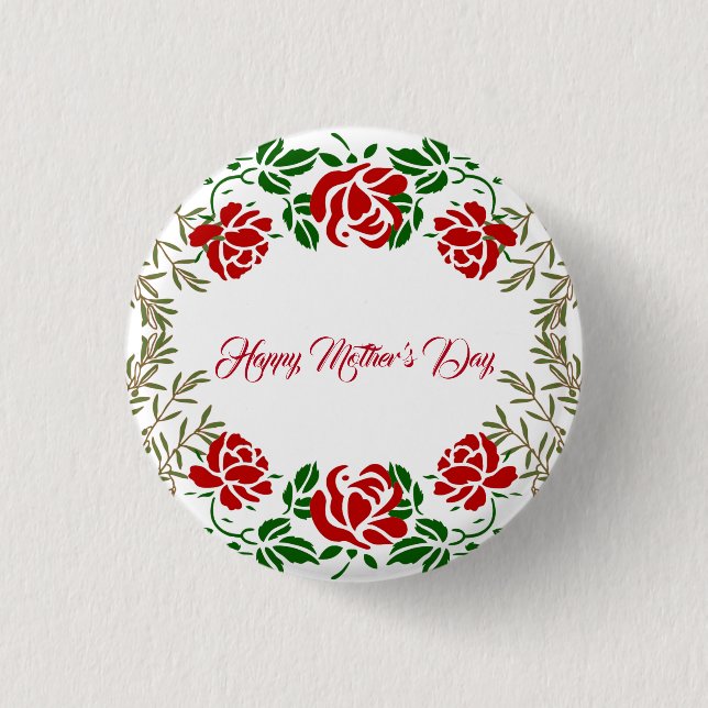 Happy Mothers Day Red Rose Floral Greenery Motto 3 Cm Round Badge (Front)