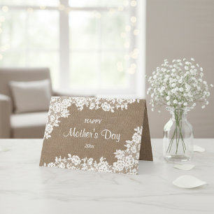 Happy Mother's Day   Rustic Burlap & White Lace Card