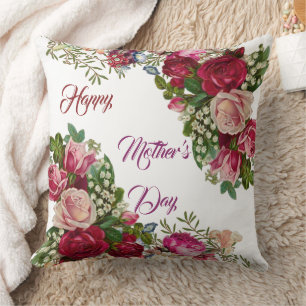 Happy Mothers Day Rustic Rose Floral Green Foliage Cushion