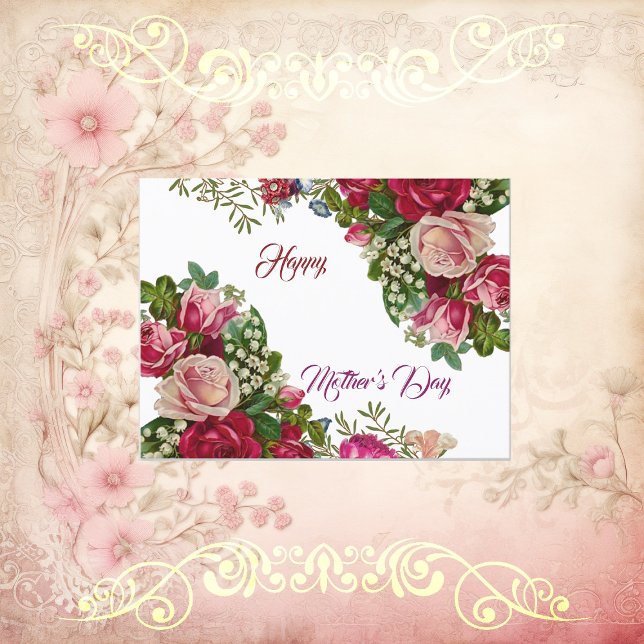 Happy Mothers Day Rustic Rose Floral Green Foliage Holiday Postcard (Happy Mothers Day Rustic Rose Floral Green Foliage Holiday Postcard)