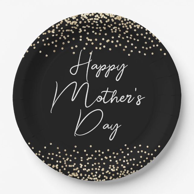 Happy Mother's Day Script Black and Gold Glitter Paper Plate (Front)