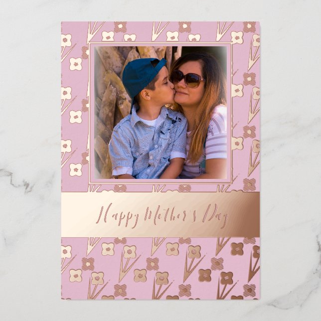 Happy Mother's Day Simple Florals Pink  Foil Holiday Card (Front)