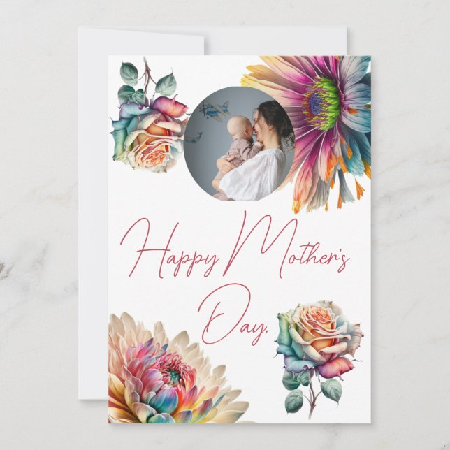 Happy Mother's day simple flower mum & baby photo Holiday Card (Front)