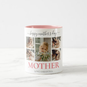 Happy Mothers Day Simple Modern Script Five Photo Two-Tone Coffee Mug