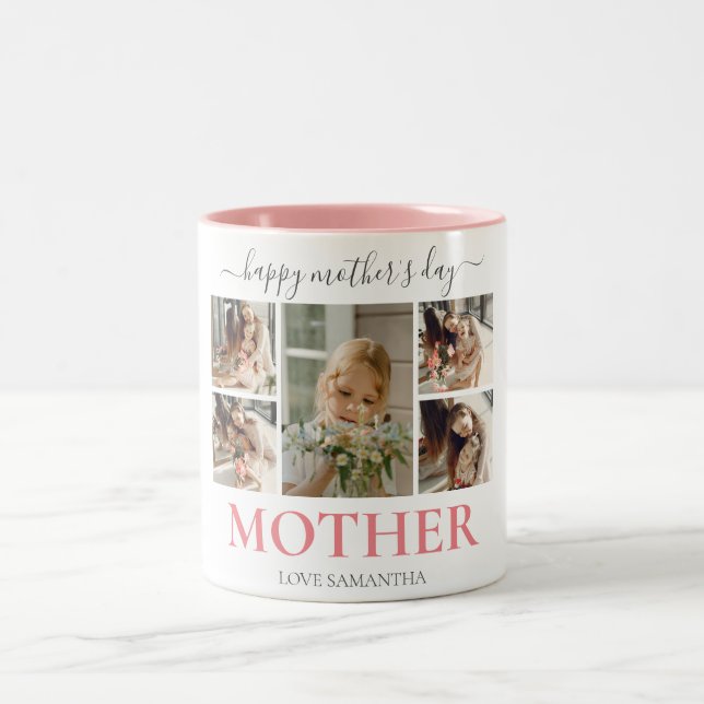 Happy Mothers Day Simple Modern Script Five Photo Two-Tone Coffee Mug (Center)