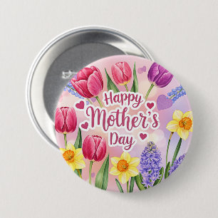 Happy Mother's Day, spring flowers, 7.5 Cm Round Badge