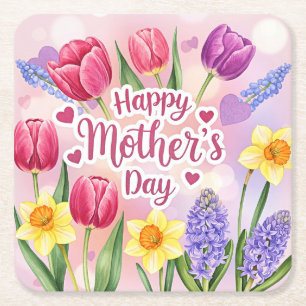 Happy Mother's Day, spring flowers, Square Paper Coaster