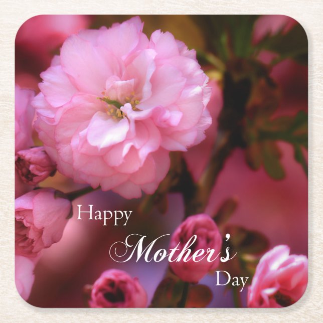 Happy Mothers Day Spring Pink Cherry Blossoms Square Paper Coaster (Front)