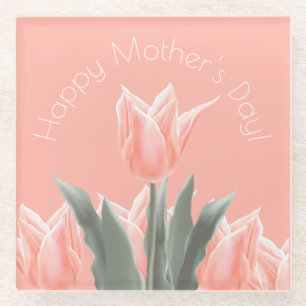 Happy Mother's Day! Stylish Peach Tulips Flowers Glass Coaster