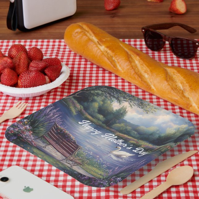 Happy Mother's Day Swan Bench Lake  Paper Plate (Picnic)