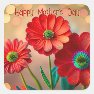 Happy Mother's Day Three Red Daisies Custom Text Square Sticker