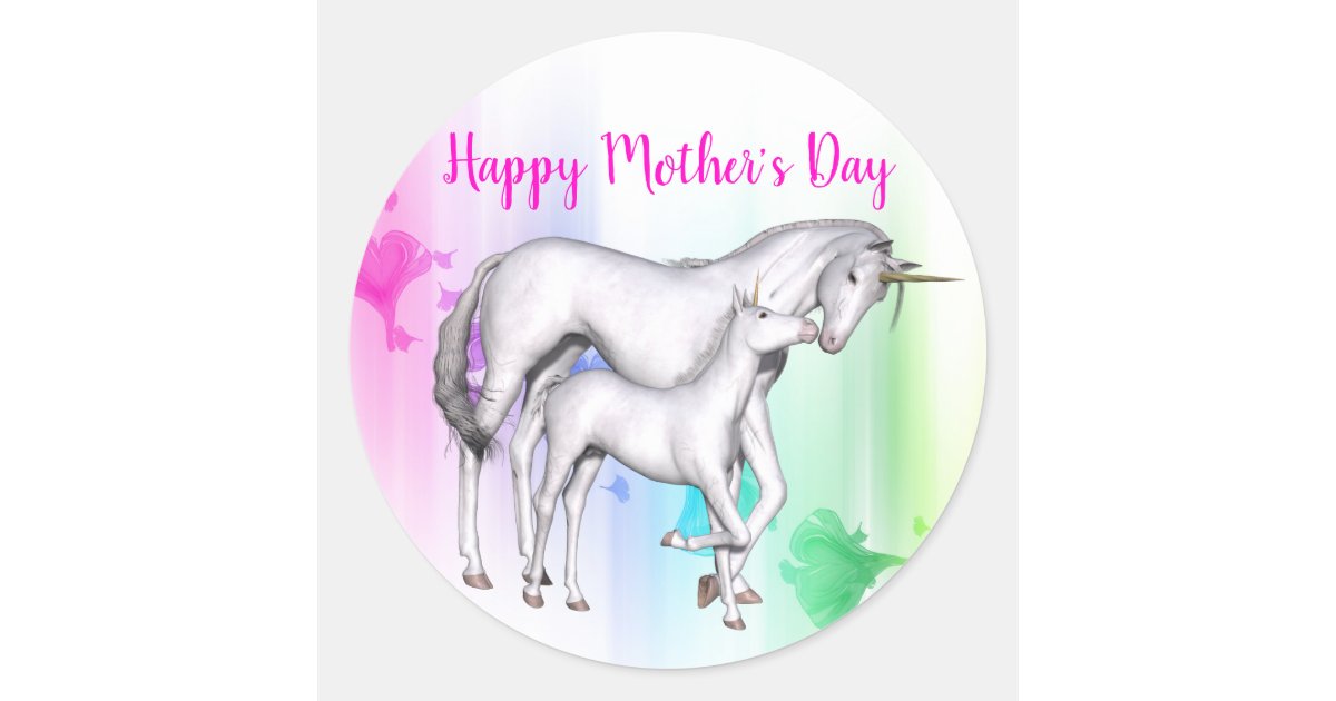 Happy Mother's Day Unicorn with her Baby Classic Round Sticker Zazzle
