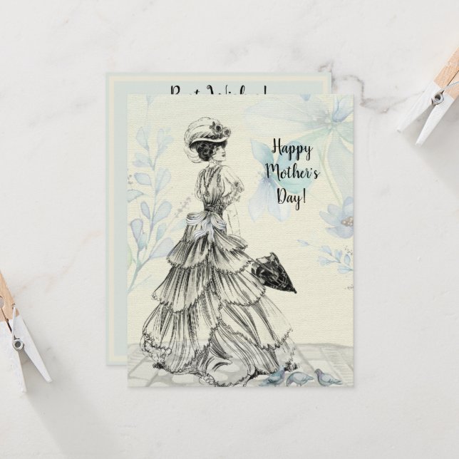 Happy Mother's Day Victorian Woman Parasol Birds (Front/Back In Situ)