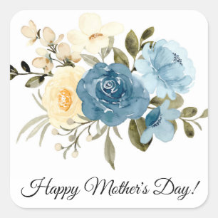 happy mothers day watercolor blue flowers elegant square sticker
