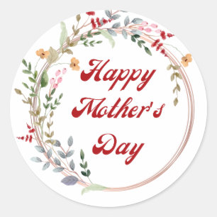 happy mothers day watercolor botanical wreath red classic round sticker