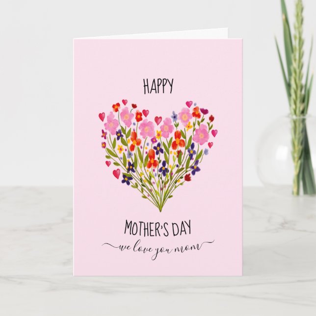 "Happy Mother's Day" Watercolor Flower Heart  Card (Front)