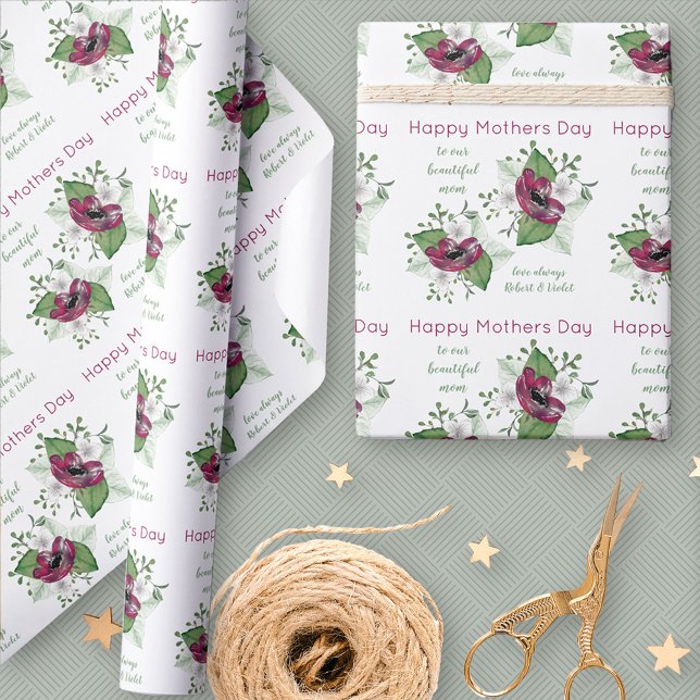 Happy Mothers Day Watercolor Flowers Personalised Wrapping Paper (Mothers Day floral gift wrapping paper)