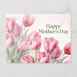 Happy Mother's Day Watercolor Pink Tulips Holiday Postcard