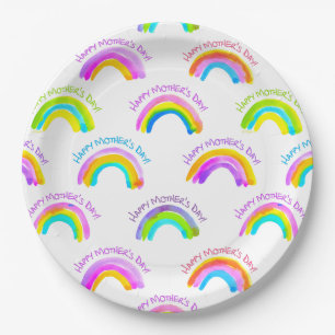 Happy Mother's Day Watercolor Rainbow Pattern Paper Plate