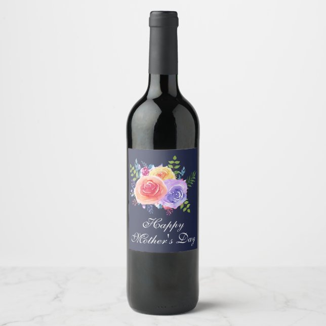 Happy Mother's Day Watercolor Roses Bouquet Wine Label (Front)