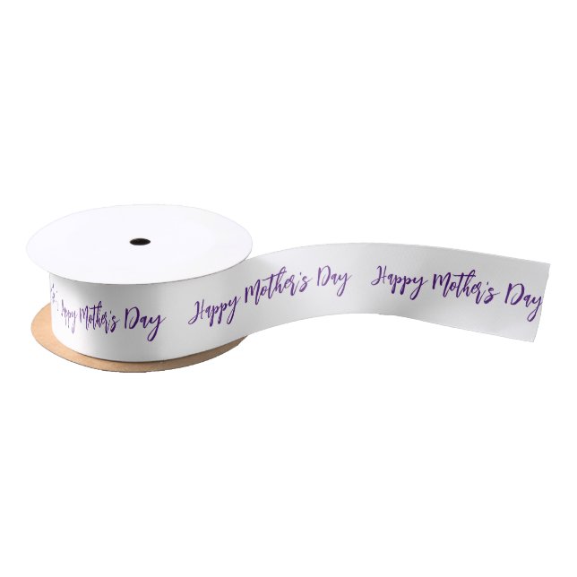 Happy Mother's Day White and Purple Elegant Script Satin Ribbon (Spool)