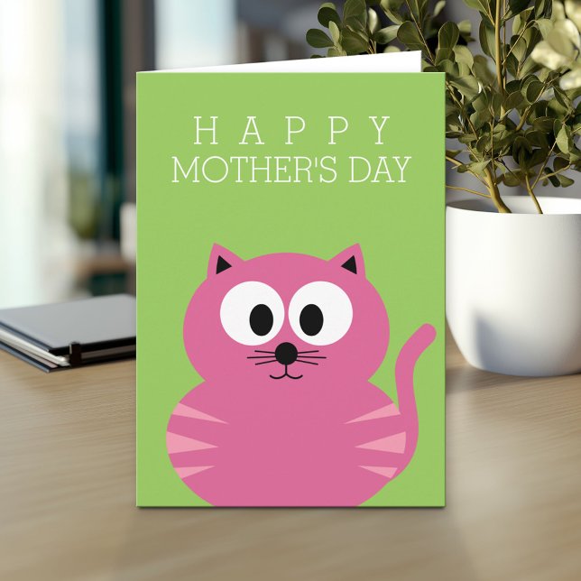 Happy Mother's Day with Cute Pink Cat Card (Personalized Mother's Day Greeting Card)