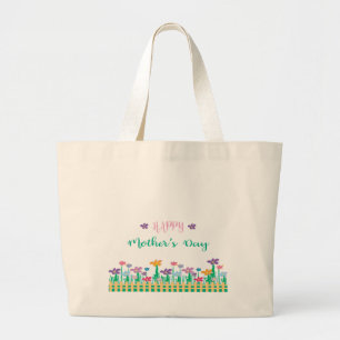 Happy-Mothers-Day-with--multi coloured Flowers Large Tote Bag