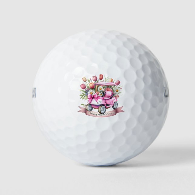 Happy Mother's Day with pink golf cart Golf Balls (Front)