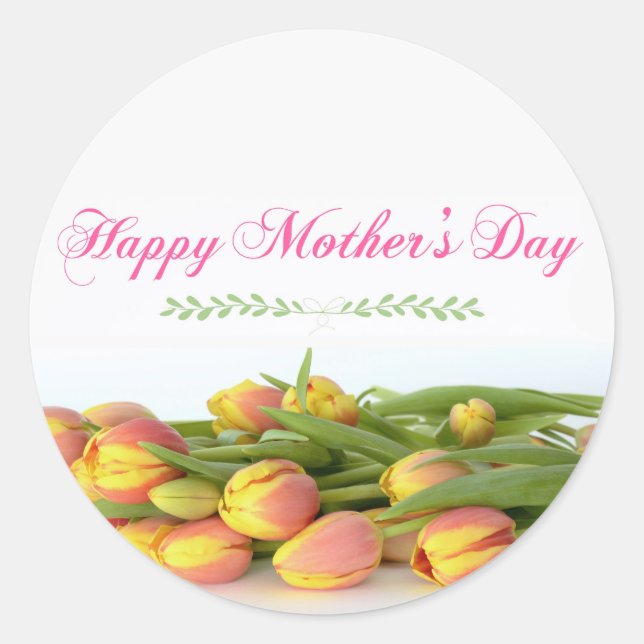 Happy Mother's Day with Yellow and Orange Tulips Classic Round Sticker (Front)