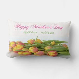 Happy Mother's Day with Yellow and Orange Tulips Lumbar Cushion