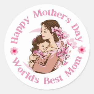 happy mothers day , worlds best mum, pink script classic round sticker