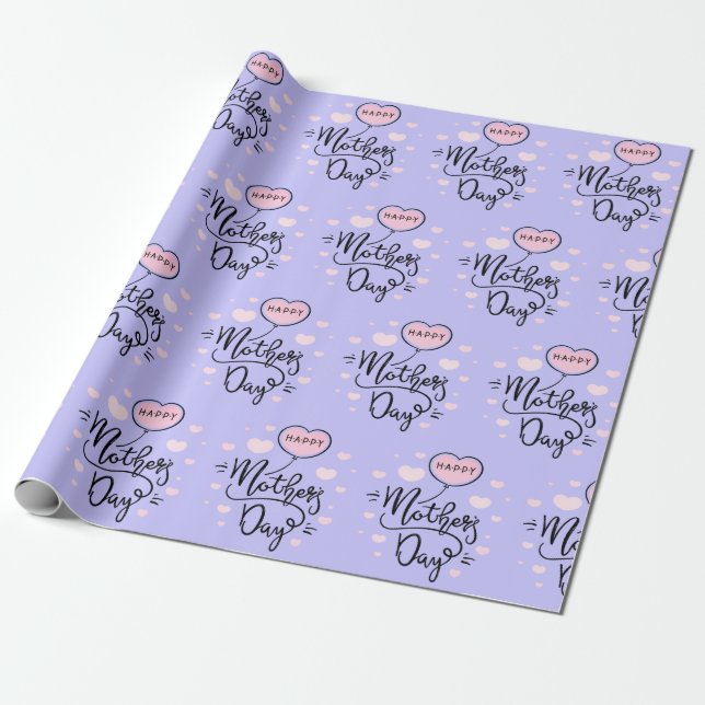 Happy Mother's Pink Hearts Day Modern Typography Wrapping Paper (Unrolled)