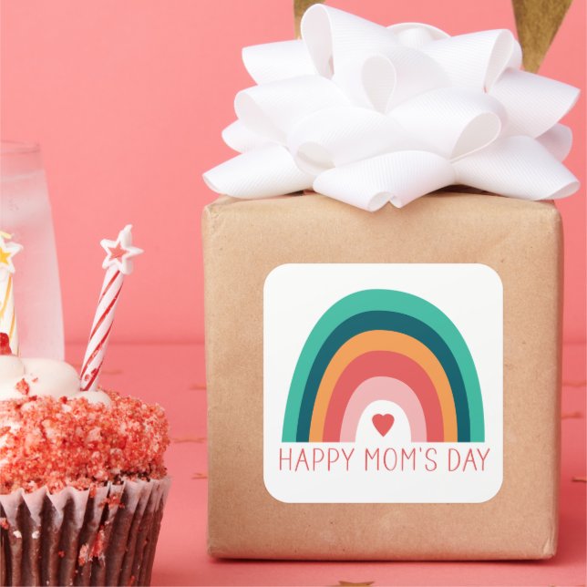 Happy Mum's Day Rainbow Heart Modern Bright Colour Square Sticker (Party)