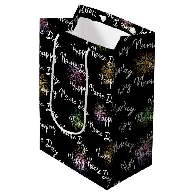 Happy Name Day fireworks on black Medium Gift Bag (Front Angled)
