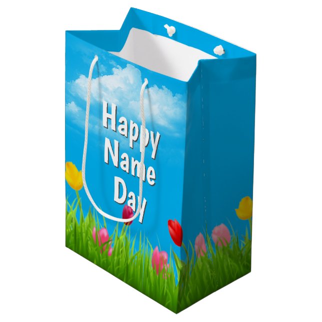 Happy Name Day Tulips Medium Gift Bag (Front Angled)