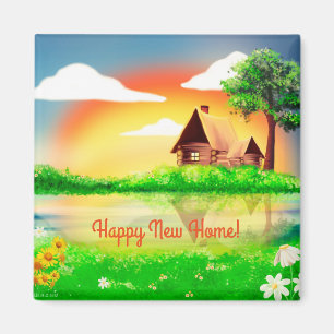 Happy New Home Cabin Scene Square Magnet