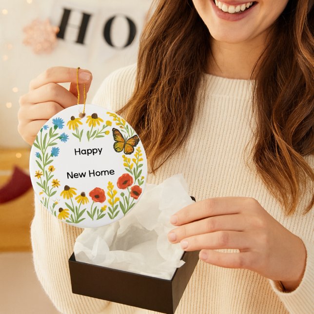 Happy New Home Floral  Ceramic Ornament (Happy New Home..cheerful floral housewarming gift with greeting on backside )