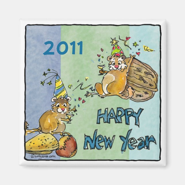 Happy New Year 2011 Chipmunks Cartoon Magnet (Front)