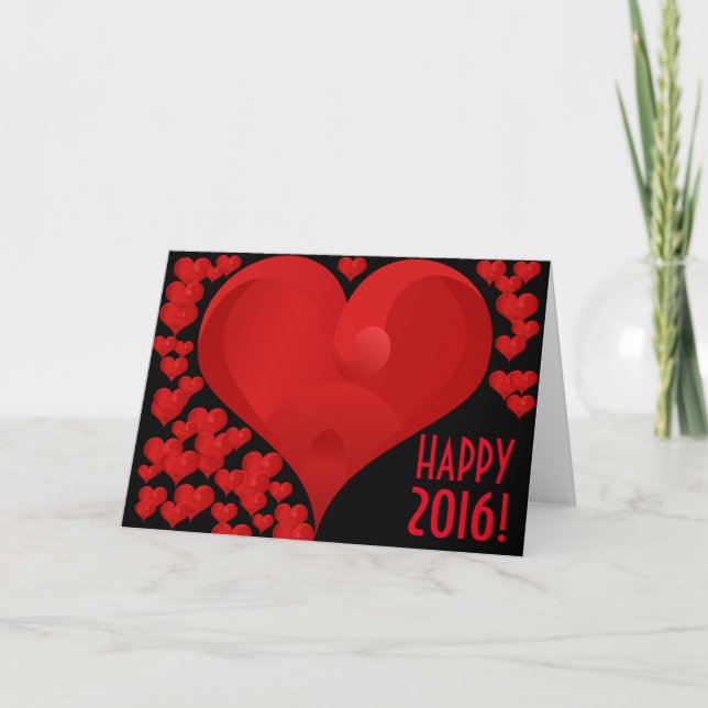 Happy New Year 2016 Sweet Valentine Love Heart Red Holiday Card (Front)