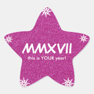 Happy New Year 2017 Pink Roman Numeral Motivation Star Sticker